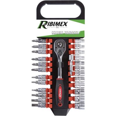 RIBIMEX Kit 26 pces cliquet + douilles+embouts+rallong 1/4" Chrome Vanadium ..