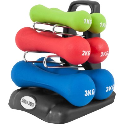 GORILLA SPORTS Kit d halteres neoprene 12kg ergonomique dumbbell set 2x1kg 2x2kg und 2x3kg rack