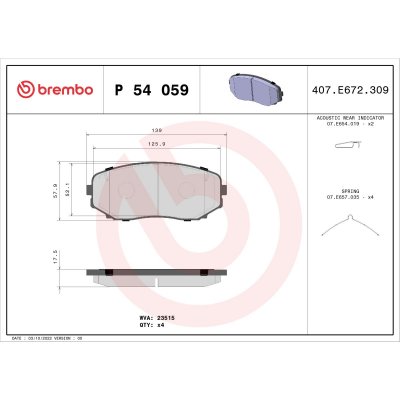 BREMBO Kit de plaquettes de frein frein &agrave; disque P 54 059 