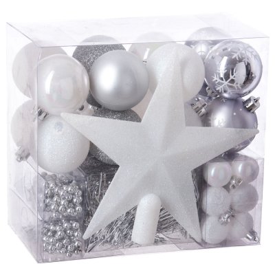  Kit D&eacute;coration pour sapin de No&euml;l - 44 Pi&egrave;ces - Blanc et gris