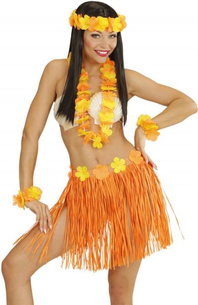 PARAFETE Kit hawa&iuml;enne (jupe  collier  serre-t&ecirc;te et 2 bracelets)  orange