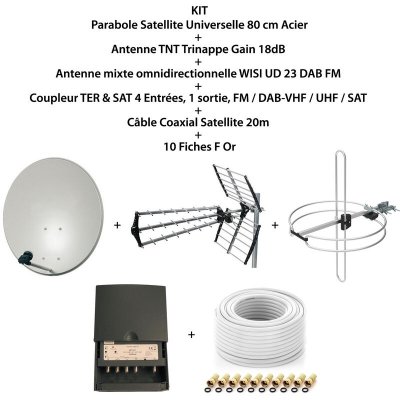 M E Kit Parabole SAT 80cm - OPTEX - Antenne TNT 18dB - Antenne DAB FM - C&acirc;ble Coax 20m