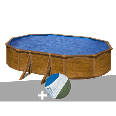 GRE Kit piscine acier aspect bois Gr&eacute; Pacific ovale 5,27 x 3,27 x 1,22 m + Tapis de sol