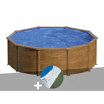 GRE Kit piscine acier aspect bois Gr&eacute; Pacific ronde 4,80 x 1,22 m + Tapis de sol