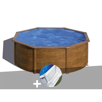 GRE Kit piscine acier aspect bois Gr&eacute; Sicilia ronde 3,70 x 1,22 m + Tapis de sol