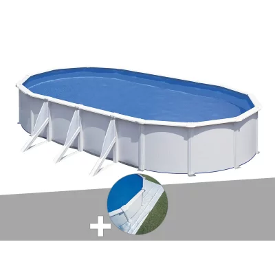 GRE Kit piscine acier blanc gr&eacute; fidji ovale 7,44 x 3,99 x 1,22 m + tapis de sol