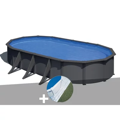 GRE Kit piscine acier gris anthracite Gr&eacute; Louko ovale 7,44 x 3,99 x 1,22 m + Tapis de sol