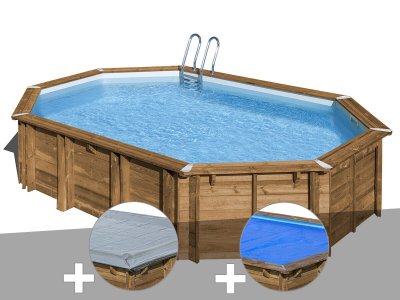 GRE Kit piscine bois Gr&eacute; Avocado 6,56 x 4,56 x 1,27 m + B&acirc;che hiver + B&acirc;che &agrave; bulles