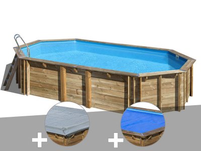 GRE Kit Piscine Bois Gr&eacute; Orange 7,55 X 4,56 X 1,46 M