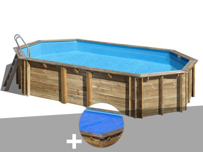 GRE Kit piscine bois Gr&eacute; Orange 7,55 x 4,56 x 1,46 m + B&acirc;che &agrave; bulles