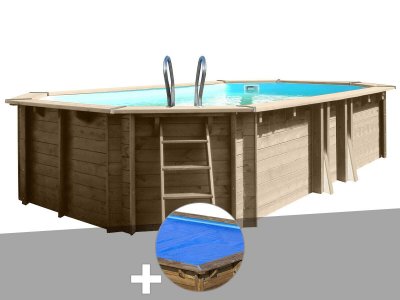 GRE Kit piscine bois Gr&eacute; Safran 6,20 x 3,95 x 1,36 m + B&acirc;che &agrave; bulles
