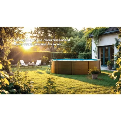 GRE Kit piscine hors-sol mauritius acier aspect bois ronde &Oslash;350 x h132 cm