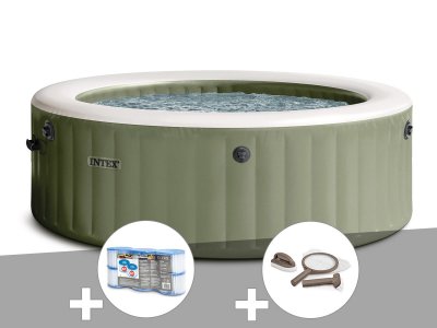 INTEX Kit spa gonflable  PureSpa Olive rond Bulles 4 places + 6 filtres + Kit d'entretien