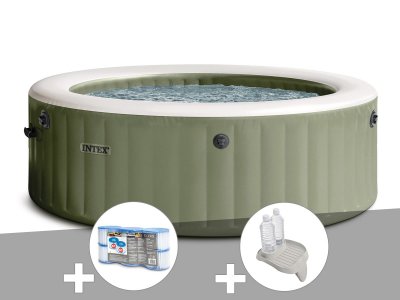 INTEX Kit spa gonflable  PureSpa Olive rond Bulles 4 places + 6 filtres + Porte/verre