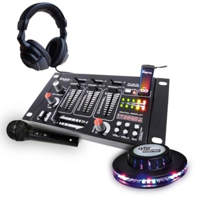 IBIZA SOUND Kit table de mixage + casque + micro noir + jeu de lumi&egrave;re effet UFO