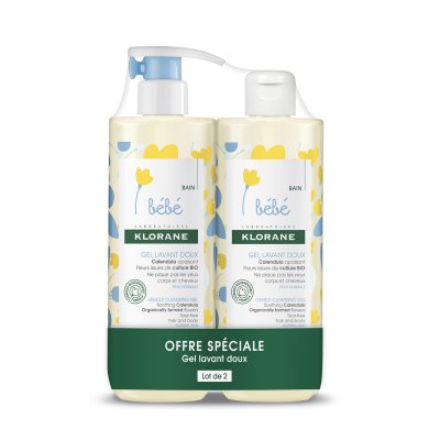 KLORANE  B&eacute;b&eacute;Gel lavant doux au Calendula apaisant flacon 500ml x 2
