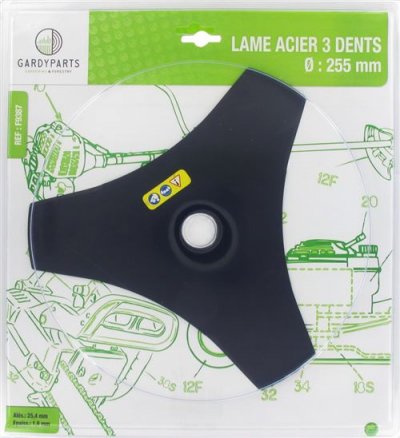 GREENSTAR Lame acier 3 dents &eacute;vid&eacute;es pour d&eacute;broussailleuse, dimensions coupe: 255mm