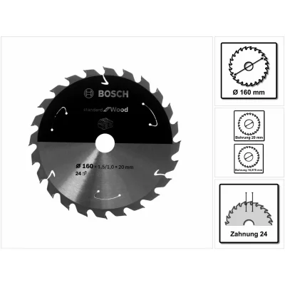 BOSCH Lame de scie circulaire standard pour bois, 160x1.5 / 1x20, 24 dents - 