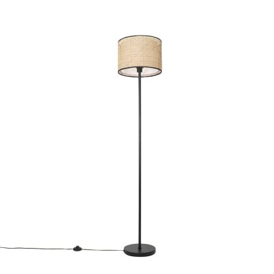 QAZQA Lampadaire Country noir avec abat-jour en rotin - Kata