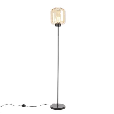 QAZQA Lampadaire design noir avec verre ambr&eacute; - qara