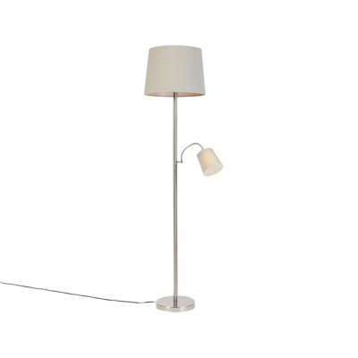 QAZQA Lampadaire en acier classique avec abat-jour gris et lumi&egrave;re de lecture - Retro