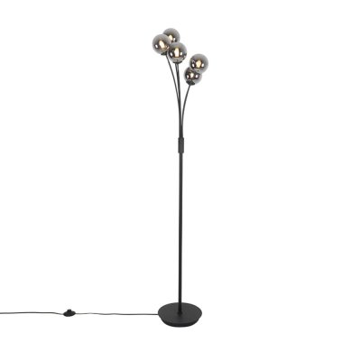 QAZQA Lampadaire moderne noir 5 lumi&egrave;res avec verre fum&eacute; - Ath&egrave;nes
