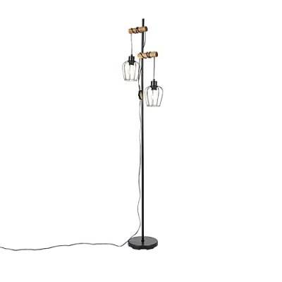 QAZQA Lampadaire rural noir avec bois 2 lumi&egrave;res - Stronk