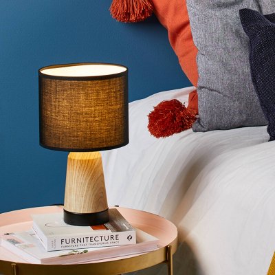 COREP Lampe Touch M&eacute;tal Effet Bois. Abat-jour Cylindre Coton Naturel/blanc