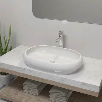 Lavabo de salle de bain avec mitigeur C&eacute;ramique Ovale Blanc
