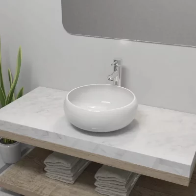 Lavabo de salle de bain avec mitigeur C&eacute;ramique Rond Blanc