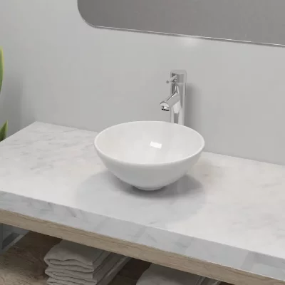 Lavabo de salle de bain avec mitigeur C&eacute;ramique Rond Blanc Vidaxl n/a