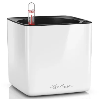 LECHUZA  Jardini&egrave;re de table CUBE Glossy 14 ALL-IN-ONE Blanc brillant