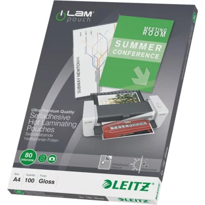 LEITZ  33872 - Lot de 100 &Eacute;tuis Plastifi&eacute;s Autocollants A4 80 My