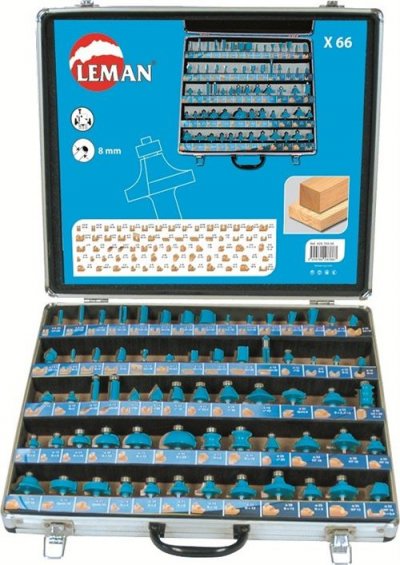 LEMAN  - coffret 66 meches de defonceuse carbure assorties queue 8 mm