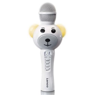 LENCO  BMC-060WH - Microphone karaok&eacute; avec BT, slot SD, lumi&egrave;res, sortie auxiliaire - Blanc 