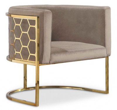 LES TENDANCES  Fauteuil arrondi velours taupe et m&eacute;tal dor&eacute; Chanum