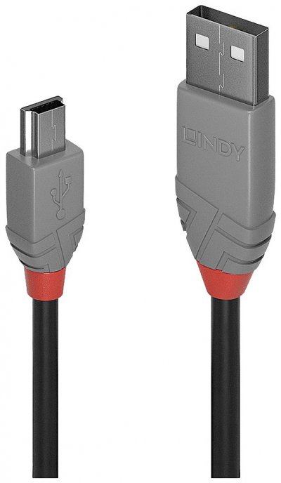 LINDY  36722, 1 m, USB A, Mini-USB B, 2.0, 480 Mbit-s, Noir, Gris