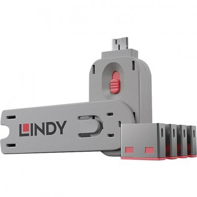 LINDY  cl&eacute; usb et 4 bloqueurs de ports usb - rouge