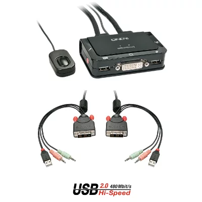LINDY  Switch KVM Compact DVI-D Single Link USB 2.0 & Audio 2 Ports Noir