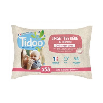 TIDOO Lingettes b&eacute;b&eacute; parfum&eacute;es au calendula en fibres compostables x58