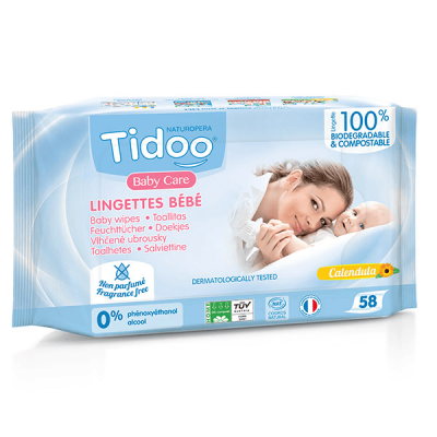 TIDOO Lingettes b&eacute;b&eacute; sans parfum au calendula en fibres compostables x58