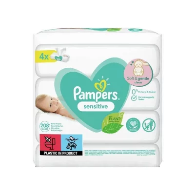 PAMPERS Lingettes Bebe Sensitive - Lot De 4 X 52 Lingettes - 208 Lingettes