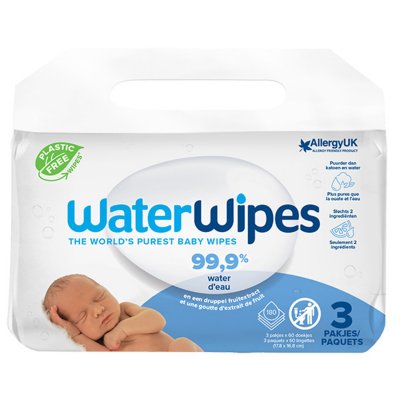 WATERWIPES Lingettes b&eacute;b&eacute;  avec 99,9% d'eau biologique 180 u