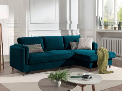 BEST MOBILIER Lisa Design Canap&eacute; d'angle droit convertible 4 places BROOKE - Velours Bleu canard