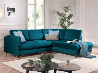 BEST MOBILIER Lisa Design Canap&eacute; d'angle droit convertible 5 places BROOKE - Velours Bleu canard