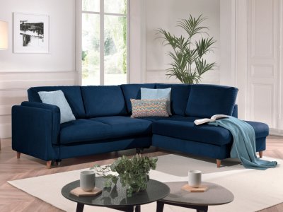 BEST MOBILIER Lisa Design Canap&eacute; d'angle droit convertible 5 places BROOKE - Velours Bleu nuit
