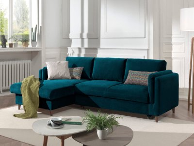 BEST MOBILIER Lisa Design Canap&eacute; d'angle gauche convertible 4 places BROOKE - Velours Bleu canard