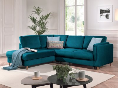 BEST MOBILIER Lisa Design Canap&eacute; d'angle gauche convertible 5 places BROOKE - Velours Bleu canard
