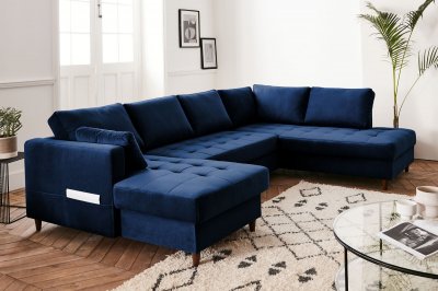 BEST MOBILIER Lisa Design Canap&eacute; panoramique 7 places ANNA - Angle droit - Velours Bleu nuit