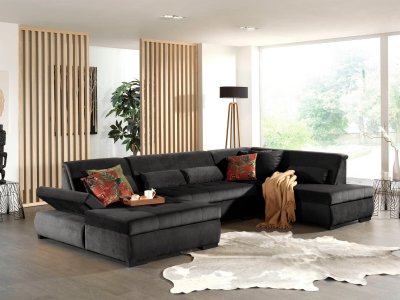 BEST MOBILIER Lisa Design Canap&eacute; panoramique 7 places VERMONT - Angle droit - Velours Gris fonc&eacute;